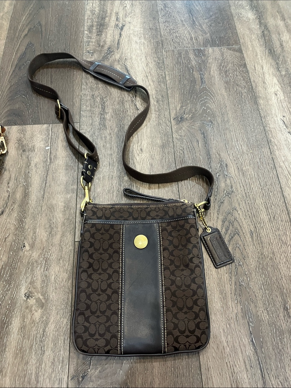 COACH brown signature Jacquard North South leather swim pack crossbody